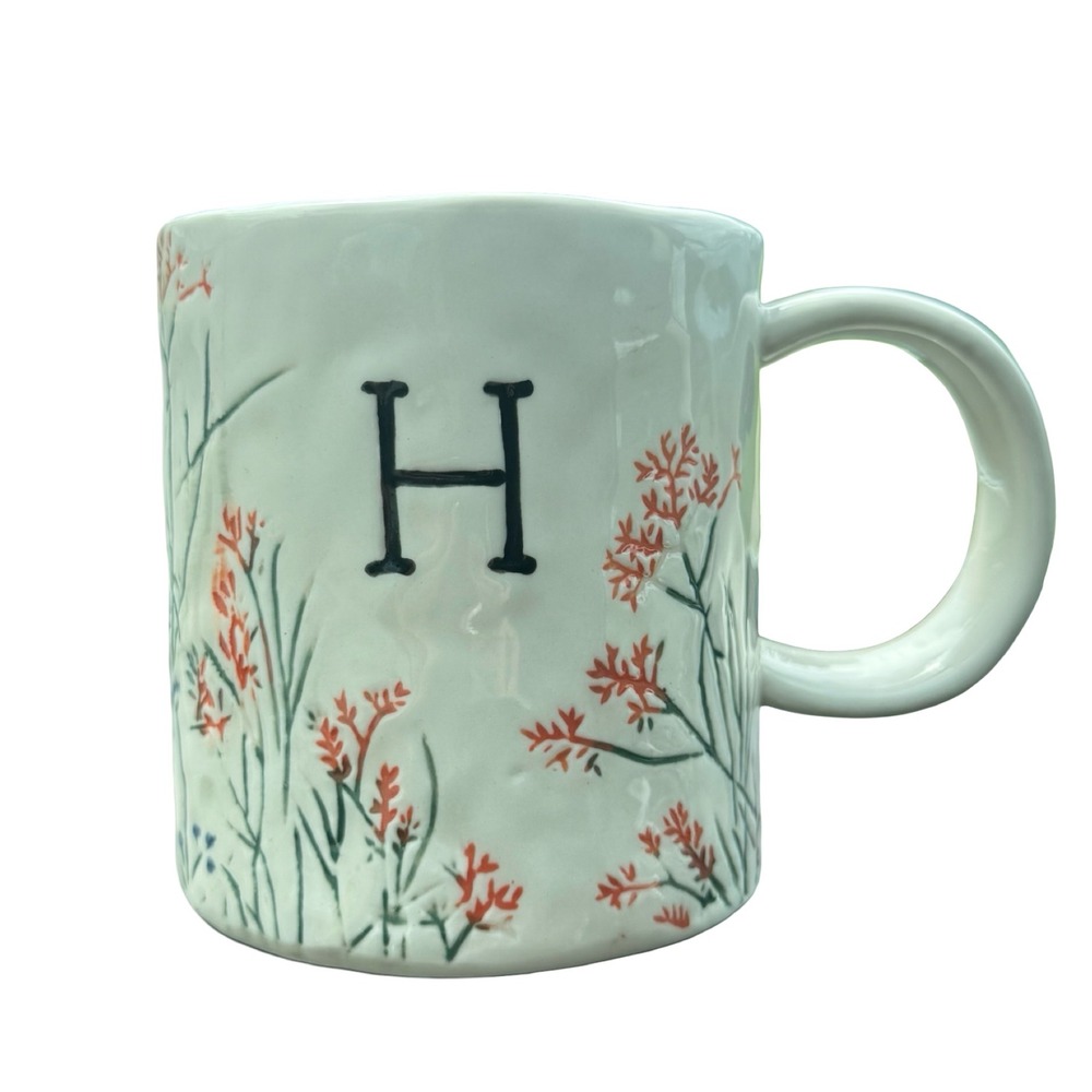 Anthropologie Monogram H Wildflower Mug Textured Floral Stoneware Coffee Cup